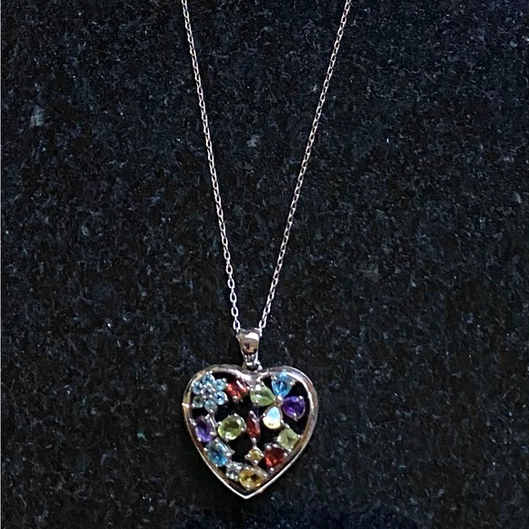Sterling Silver Heart Shaped Multi Gemstone Necklace - Picture 2 of 8